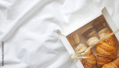 Fresh croissants and macarons in a white box on a bed
