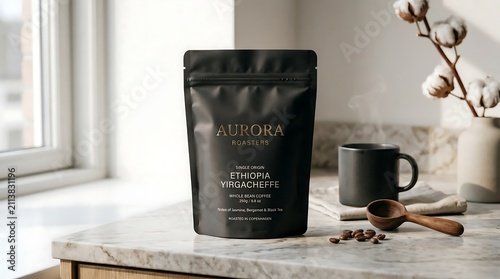 Black coffee bag with cup and spoon on marble countertop
