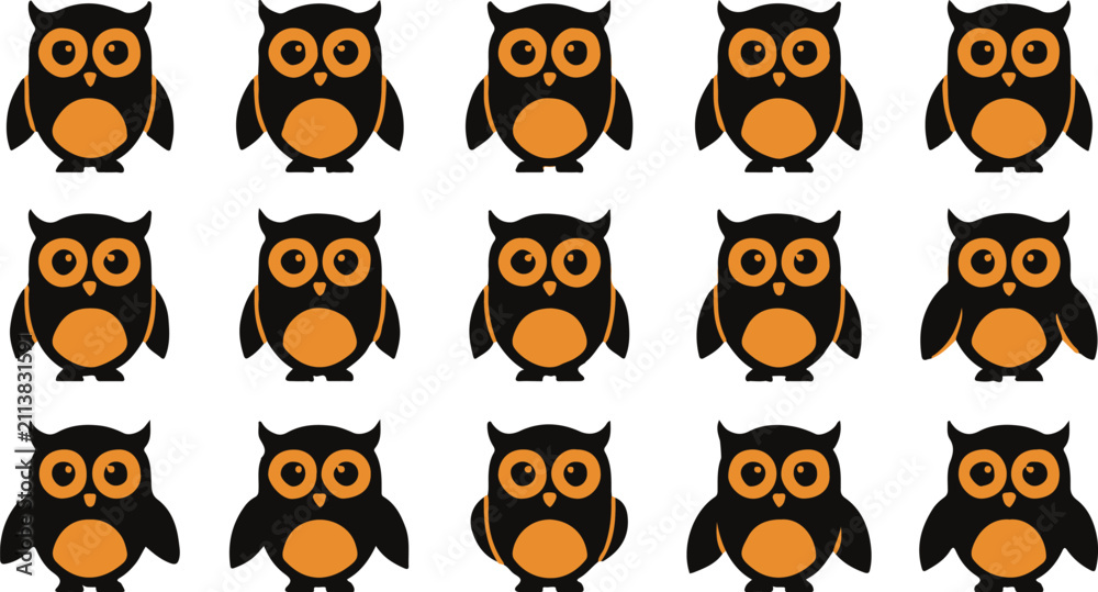 Obraz premium Set of cute owl icons. Vector collection of stylized bird characters for graphic design.Collection of stylized owl icons in orange and black colors. 