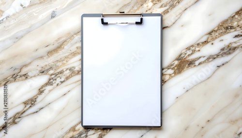 Blank clipboard on marble surface, office stationery concept