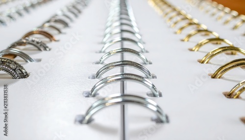 Colorful metal binder clips arranged in a neat row on white background