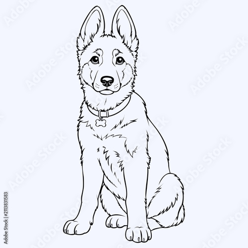 Cute Sitting Puppy Line Art Outline Illustration for Coloring Book Black and White Dog Drawing Isolated on White Background