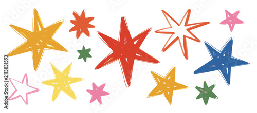 A vibrant collection of handdrawn stars in various bright colors scattered across a clean white background celebrating festivity and joy