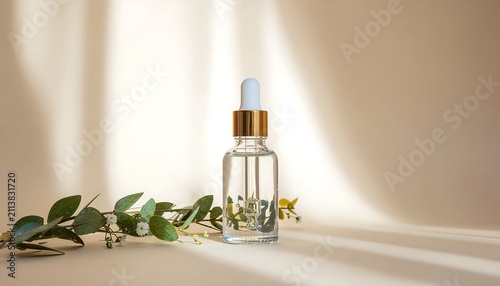Glass dropper bottle with eucalyptus leaves on light background