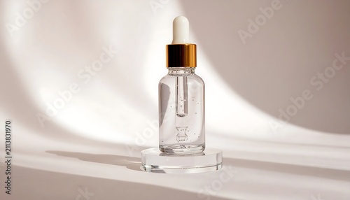 Clear glass dropper bottle with golden cap on white surface