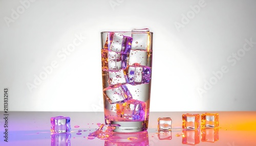 Colorful ice cubes in a glass of water with vibrant reflections