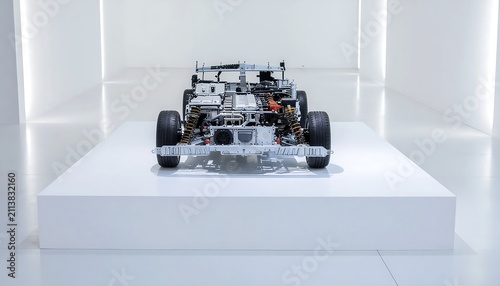 Electric car chassis prototype on display in modern showroom