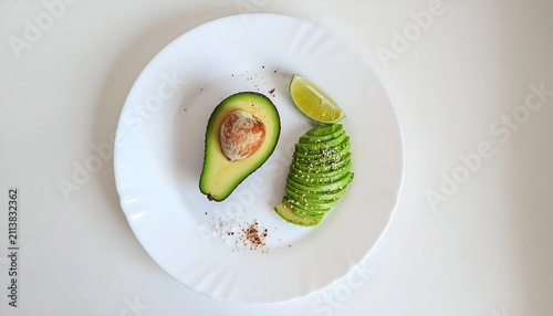 Fresh avocado halves with lime on white plate, top view