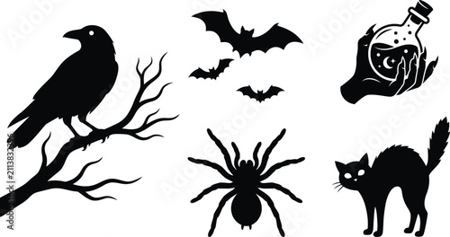 Bild auf Leinwand Halloween vector illustration of raven bats spider cat potion