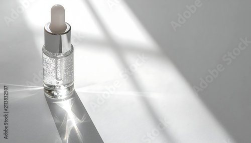 Clear glass dropper bottle with serum on white surface in sunlight
