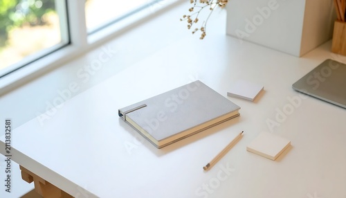 Minimalist workspace with notebook and pencils on white desk