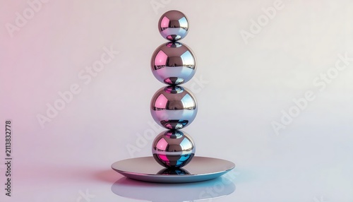 Balanced metallic spheres on reflective plate with gradient background