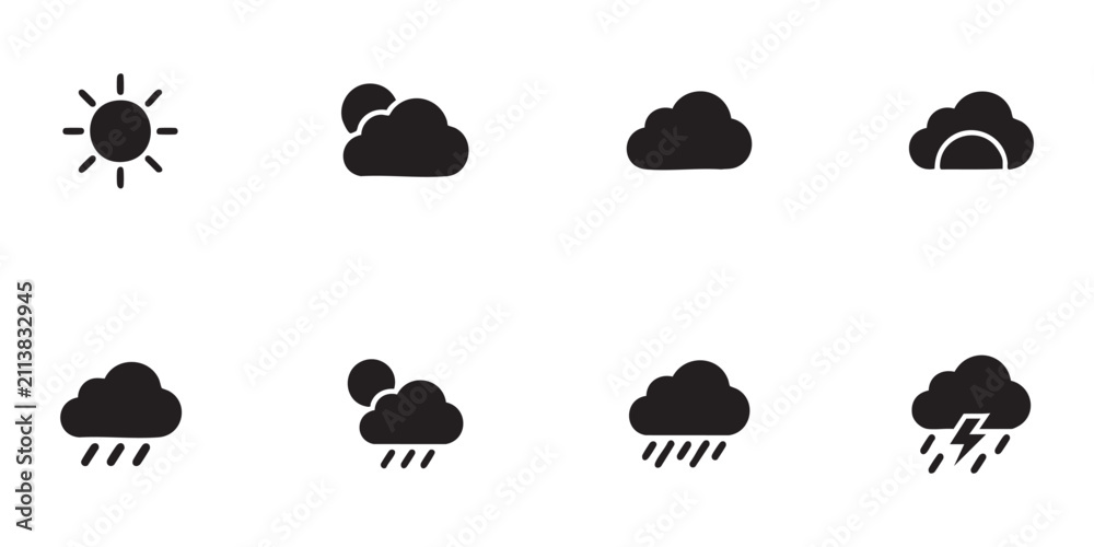 Obraz premium Minimalist weather icon set featuring solid black shapes representing diverse climate conditions.