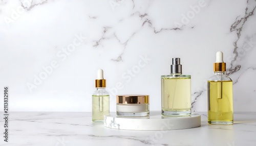 Luxury skincare products on marble background with dropper bottles and jar