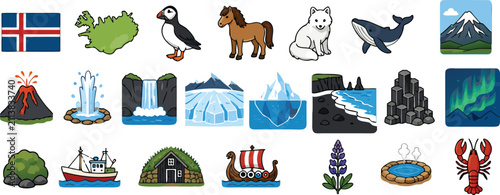 Foto Icelandic Icons with Northern Lights and Volcanoes in a Flat Vector Style