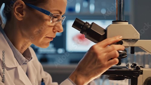 An experienced scientist meticulously adjusts the metallic focusing dials of a professional microscope under warm tungsten lighting, showcasing tactile mechanical precision in medical research.
