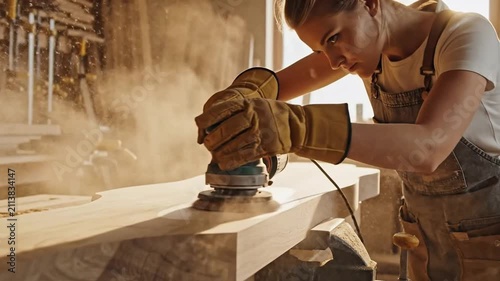 Tracking of skilled carpenter wearing protective gloves sanding piece of raw wood in dusty workshop flying sawdust authentic craftsmanship warm natural lighting