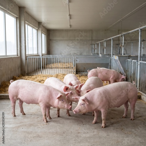 Healthy pink pigs in a modern, clean swine farm with excellent animal welfare. Commercial livestock production, sustainable agriculture, premium pork industry, realistic 8K photography.