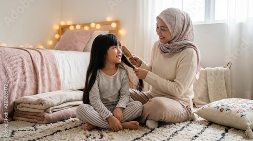 Mother Brushing Daughters Hair Bedroom, Intimate Family Care Lifestyle, Southeast Asian Muslim Wholesome Bonding, Soft Cozy Light Portrait