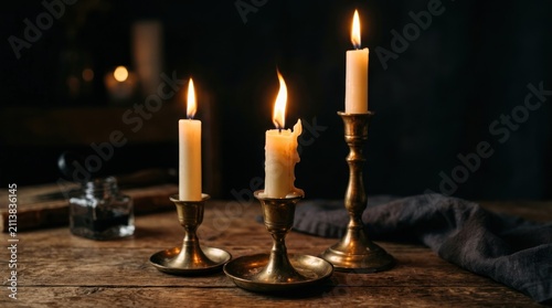 Three lit candles on a table.