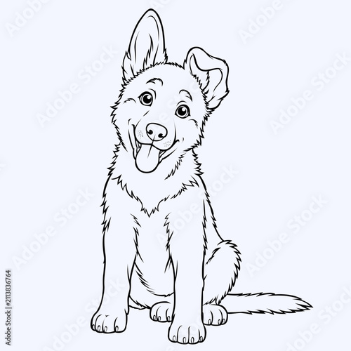 Cute Standing Puppy Line Art Outline Illustration Black and White Dog Coloring Page Isolated on White Background