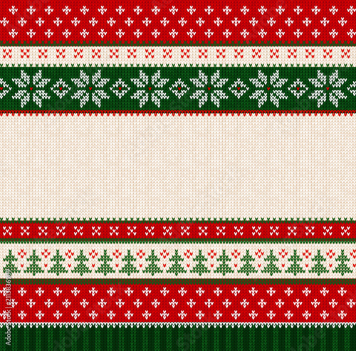 Ugly sweater knitting texture background for holiday greeting card, banner template design. Festive traditional winter ornament layout with text space, red, green, white colors.