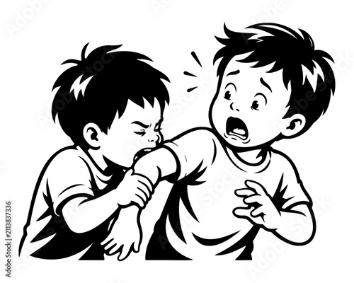 Boy Biting Another Child. Black Vector Illustration