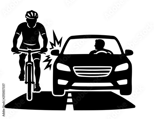 Car Passing Too Close to Cyclist Road Safety. Black Vector Illustration