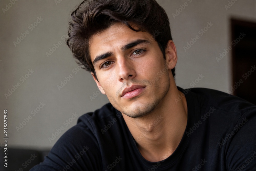 Fototapeta premium Young man looking at camera in casual indoor setting