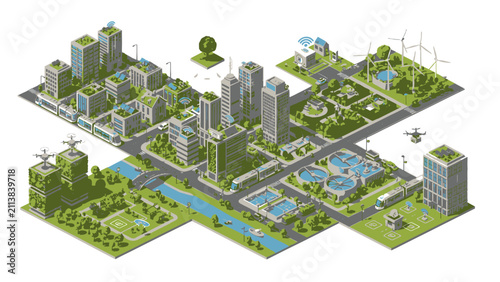 Isometric view of a sustainable smart city with green buildings, renewable energy, and eco-friendly infrastructure