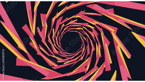 Abstract swirling vortex tunnel with pink and yellow geometric shapes on a dark background, dynamic motion effect