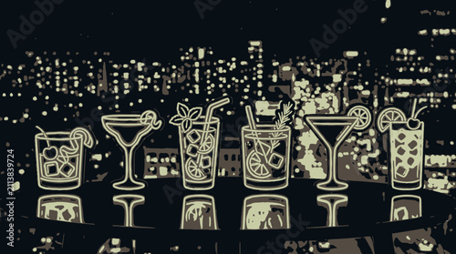 Collection of stylized cocktails and drinks on a bar top with a blurred city skyline at night in the background