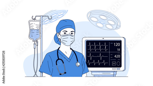 Surgeon in scrubs and mask with stethoscope, IV drip, and EKG monitor in operating room