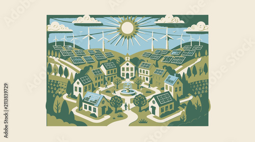 Sustainable green village with solar panels and wind turbines, representing eco-friendly energy and community living