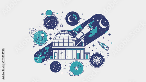 Observatory with telescope exploring planets, stars, constellations, and galaxies in space