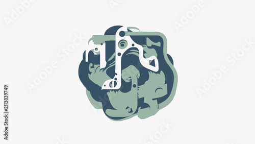 Abstract geometric mechanical design with gears and levers, symbolizing technology and industry, on white background