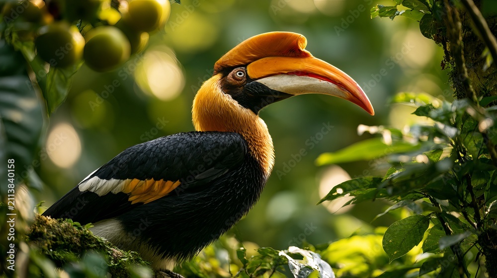 Fototapeta premium Hornbill searches for fruit inside Khao Yai Forest, Thailand.