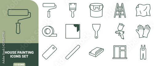 House painting icons set featuring outline of roller, brush, paint can, ladder, tape, and tools outline style