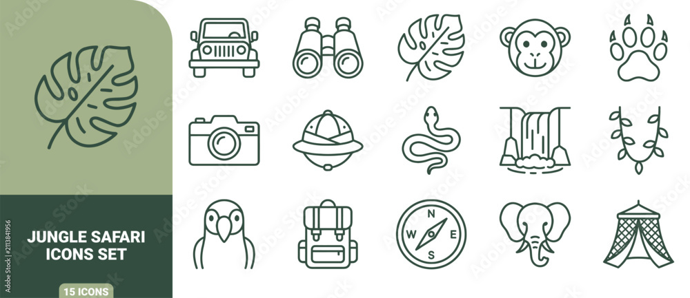 Fototapeta premium Jungle safari icons set with line symbols of jeep, binoculars, animals, plants, and travel gear line outline