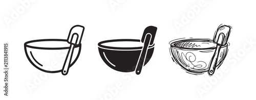 Three Styles of Mixing Bowl and Spatula Icons: Outline, Solid Black, and Hand-Drawn Sketch