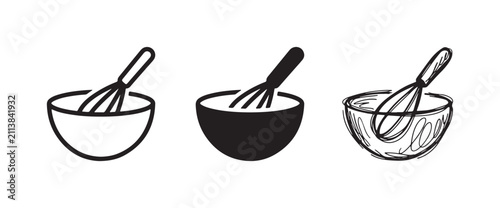 Bild auf Leinwand Three Styles of Mixing Bowl and Whisk Icons: Outline, Solid Black, and Hand-Draw
