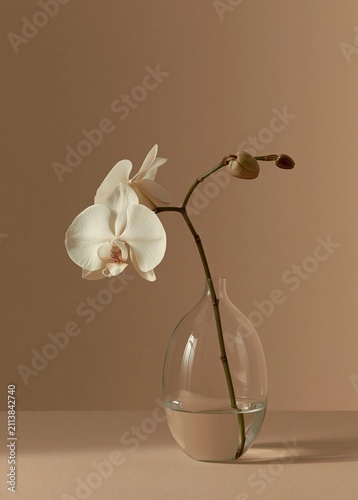 Single white orchid flower in a glass vase. the vase is round and transparent, with a narrow neck and a narrow base.