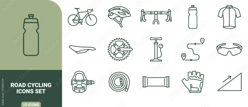 Naklejka premium Set of green line icons featuring road cycling equipment, including bicycle, helmet, handlebars, water bottle, and accessories