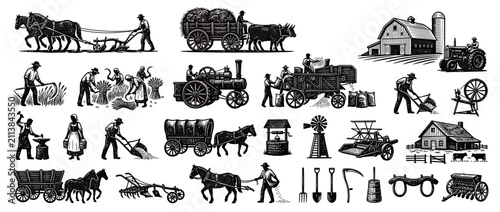 Cuadro en lienzo Vintage farming scenes with horses, tractors, and manual labor.