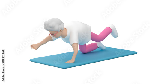 Bild auf Leinwand Elderly woman doing a quadruped opposite arm and leg extension on a mat