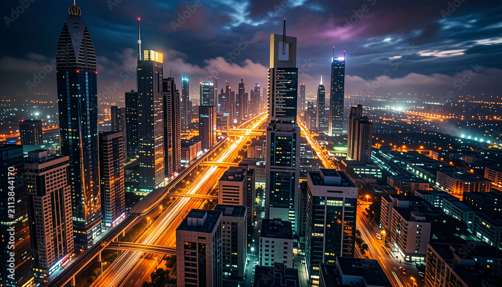 Obraz premium Nighttime urban skyline with illuminated skyscrapers and vibrant traffic trails