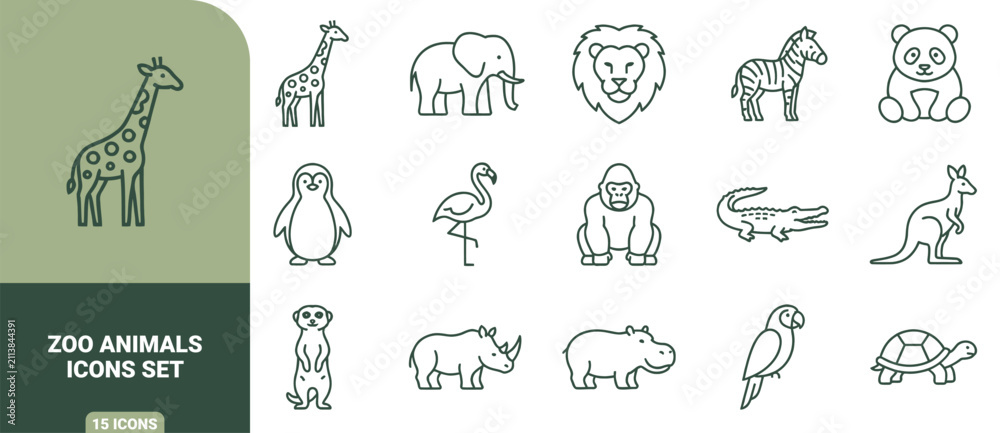Obraz premium Zoo animals icons set with outline style of giraffe, elephant, lion, zebra, panda and more wildlife