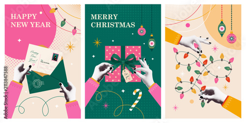 Retro Christmas and New Year Greeting Card Collection with Bow on Gift Box and Holiday Postcard Halftone Hands Decorating Christmas Tree with Festive Light Decoration Vector Illustration