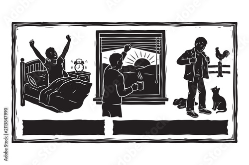 Принти на полотні Daily morning routine sequence showing a man waking up and starting his day