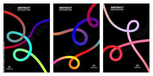 Abstract triptych set featuring glowing neon light trails and colorful swirling lines against a deep black background